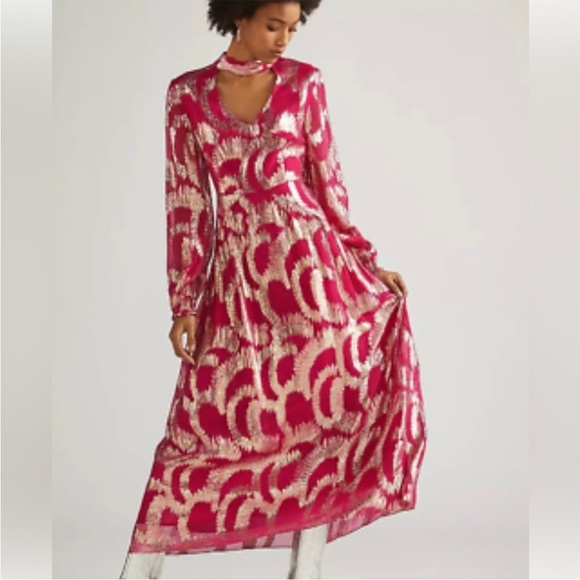 HEMANT & NANDITA anthropologie metallic maxi dress magenta pink gold size 4 - Picture 1 of 14